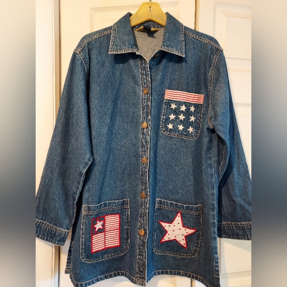 Boxy Denim Chore Jacket Medium Patch Pockets Shac… - image 1